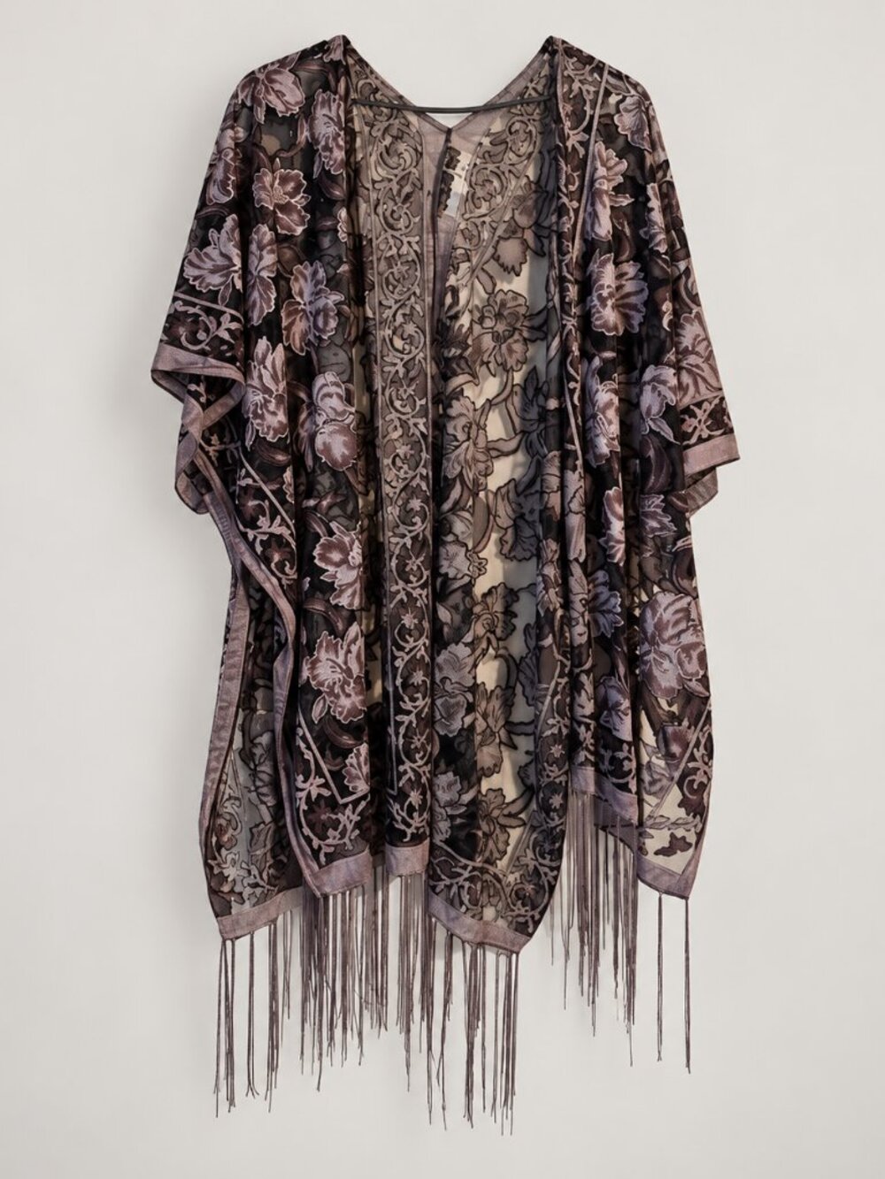 Black & Mauve Floral Sheer Fringe Kimono Open Front Boho